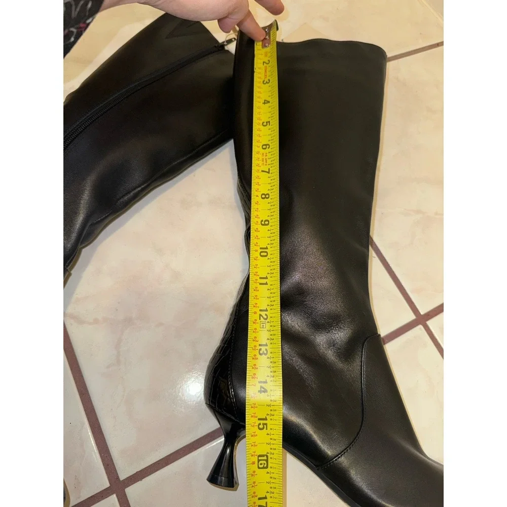 NWOB Alex Marie Sleek Black Kitten Heeled Boots Croc Leather Stripe Size 7 - Picture 10 of 11